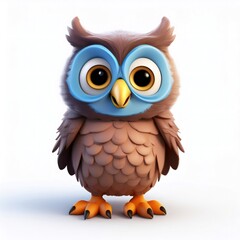 Fototapeta premium Cartoon owl with big blue eyes, brown feathered surface, perching against white background