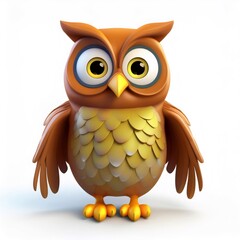 Naklejka premium Friendly cartoon owl perching with wide smile, bright 3D rendering featuring whimsical character design against pristine white backdrop