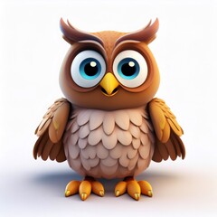Fototapeta premium Playful 3D cartoon owl spreading wings, smiling brightly against pristine white backdrop, radiating cheerful animated charm