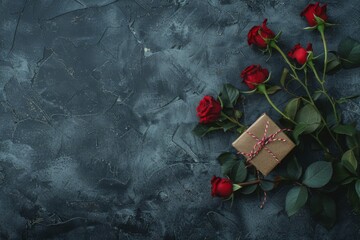 Valentines day card with gift box and rose flowers