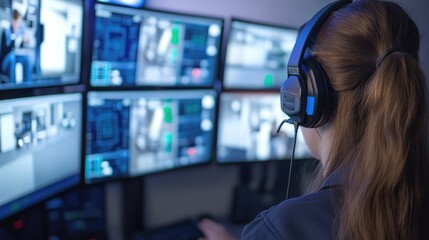 Cybersecurity Operator Monitoring in High-Tech Control Room with Multiple Screens and Headset