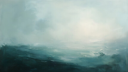 serene oil painting of misty seascape with soft turquoise and white tones, blending light and shadow to create tranquil and atmospheric ocean view
