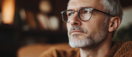 Contemplative middle-aged man in glasses reflecting on life with empty space for personal thoughts and messages