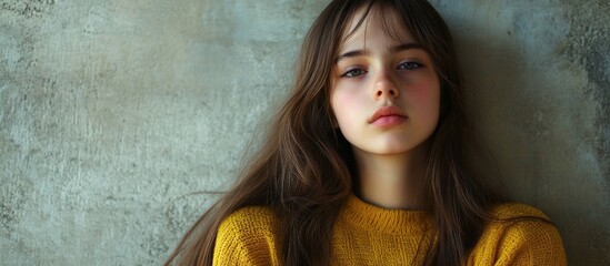 Thoughtful teenage girl in yellow sweater with long hair against textured background, ideal for text overlay and creative projects