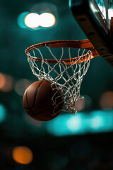 Fototapeta premium Basketball Through Hoop Net Close Up Indoor Arena Sport Game Scoring Success Orange Teal