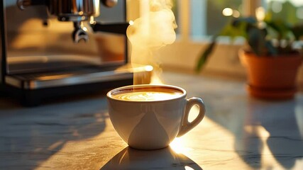 Brewing a perfect cup of coffee with aromatic steam rising in a cozy kitchen setting