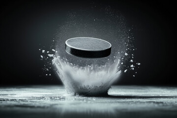 Black Hockey Puck Impact Frozen Surface White Powder Motion Blur Action Sports Equipment