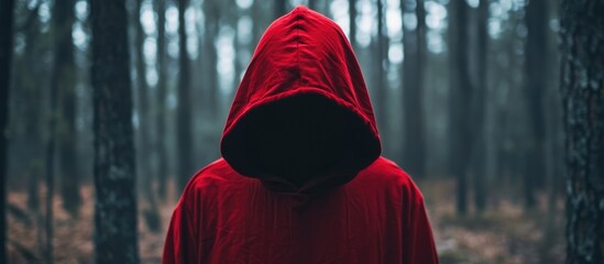 Mysterious red hooded figure in dark forest with atmospheric background and ample space for text overlay or design purposes
