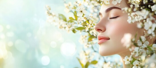 Fototapeta premium Radiant Woman Surrounded by Blossoms with Clear Skin and Natural Beauty for Wellness and Skincare Promotions in Outdoor Setting