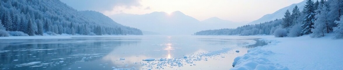 The calm and peaceful surface of a frozen lake, lake, frozen, icy surface
