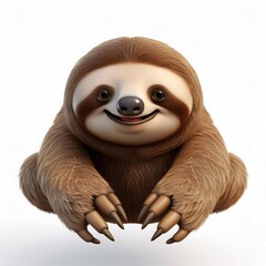 Fototapeta premium Adorable 3D cartoon sloth sitting and smiling, isolated on a white background, creating a cheerful and playful image