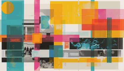 Grunge print style collage poster, Abstract grunge backdrop, Retro futuristic graphic design style.