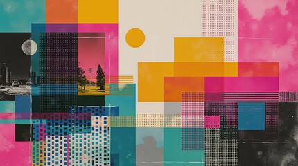 Grunge print style collage poster, Abstract grunge backdrop, Retro futuristic graphic design style.