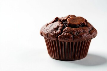 White background with a deliciously moist chocolate muffin,, baked goods
