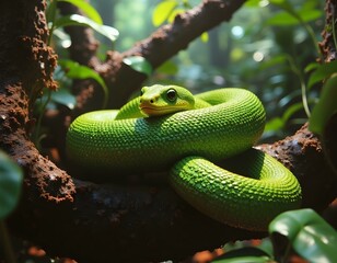 Obraz premium a close-up of a vibrant green snake coiled around a branch in a tropical rainforest, with sunlight filtering through the leaves create with ai