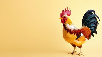A vibrant rooster stands proud against a yellow background, showcasing its colorful plumage and distinct features.