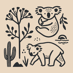 Minimalistic hand drawn koala illustration with bold black lines on white © Victoria
