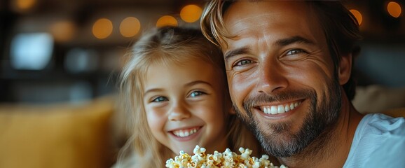 Happy Father and Daughter Sharing Popcorn at the Cinema