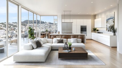 Fototapeta premium A brightly lit, modern interior with large windows overlooking a lake. 