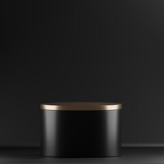 A sleek black cylindrical container with a contrasting gold lid sits on a dark background. This minimalist mockup evokes luxury and sophistication, ideal for showcasing high-end cosmetics.