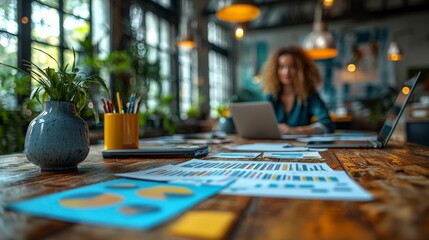 Blurred Business Charts on Wooden Table