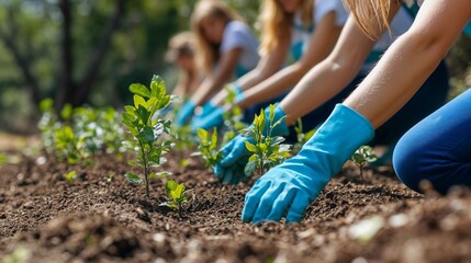 Group planting young tree seedlings in soil for Earth Day conservation