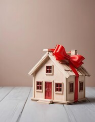 Wooden House Model Gift Red Bow