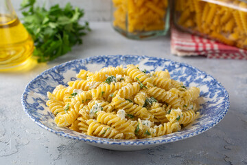 The cheese fusilli pasta is delicious. Turkish name; Peynirli makarna
