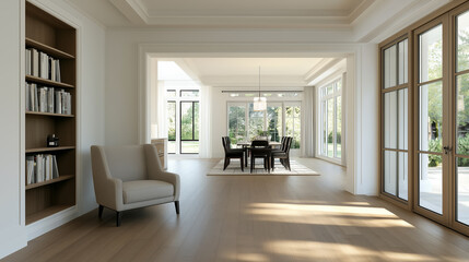 Fototapeta premium Modern interior design of a spacious dining area with natural light and elegant furnishings