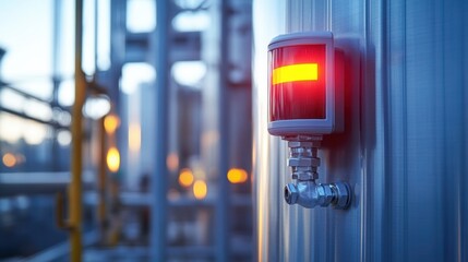 A closeup of a gas leak detector positioned near a hazardous material storage area with LED indicators signaling safe levels blending technology with safety measures.