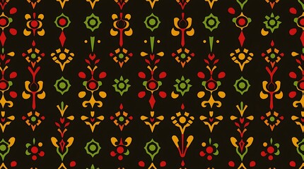 Vibrant Ethnic Ikat Pattern: A captivating seamless textile design showcasing a rich tapestry of red, green, yellow, and gold motifs on a dark background. Perfect for fashion, home decor, and more. 