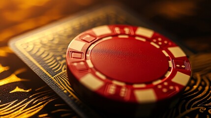 Close-up of a red poker chip on a playing card.