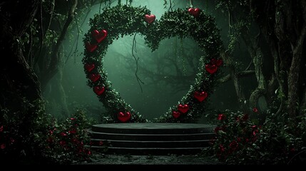 Enchanting heart-shaped floral arch in a mystical forest, surrounded by vibrant greenery and roses, perfect for romantic themes and celebrations.