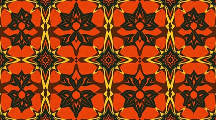 Abstract Geometric Pattern: A captivating seamless pattern of interlocking geometric shapes, rendered in vibrant hues of orange, black, and gold.  This design evokes a sense of rhythm and depth.
