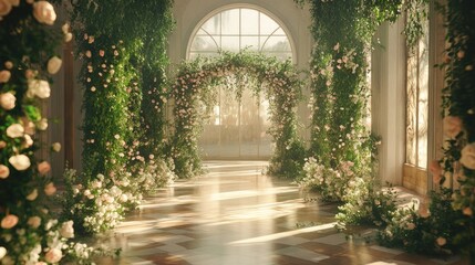 Fototapeta premium Elegant Floral Wedding Arch Surrounded by Lush Greenery in a Sunlit Indoor Setting