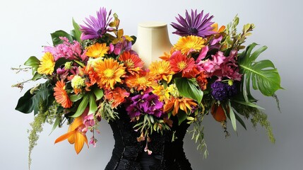 Fototapeta premium Luxury fashion display featuring a stunning floral arrangement of vibrant fresh flowers and lush green leaves on a dress form