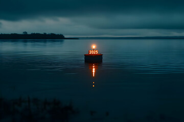 Calm lake at night with a floating candle displaying '2023' reflecting on the water.
