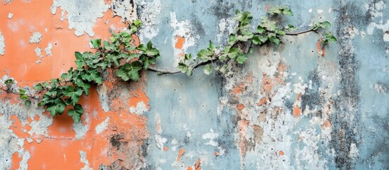 Fototapeta premium Texture of Weathered Wall with Ivy Growing Over It in an Abandoned Urban Setting Ideal for Backgrounds and Design Elements