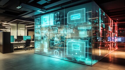 modern open-plan office featuring glowing software interfaces projected onto transparent glass walls