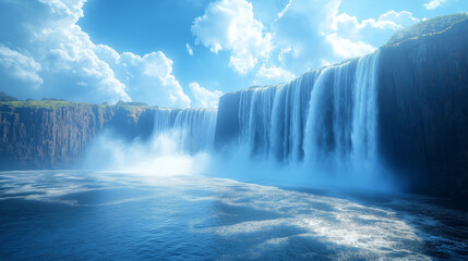 Fototapeta premium Victoria Falls, dramatic waterfall, Waterfall Landscape: Serene waterfall cascading down rocky cliffs under a vibrant blue sky with fluffy clouds. A breathtaking view of nature's power and beauty. 