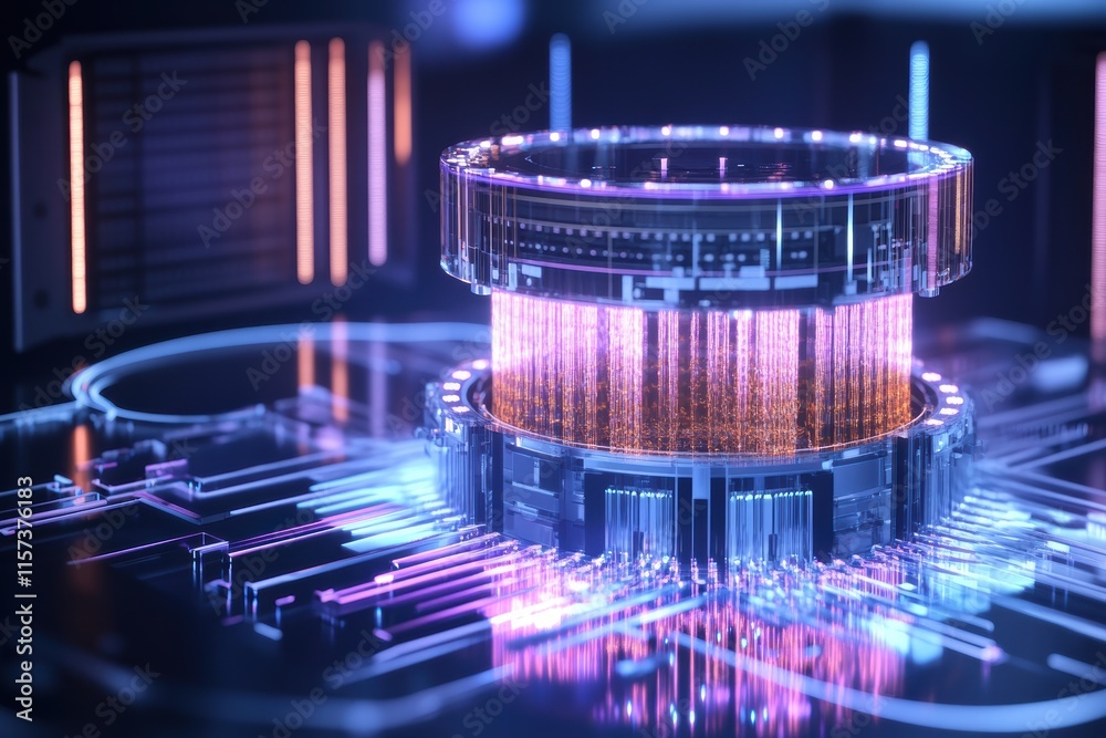 Poster conceptual representation of a futuristic quantum computer demonstrating advanced technology