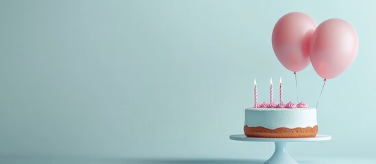 Minimalistic birthday celebration setup featuring a cake and pink balloons with ample space for personalized greetings or messages