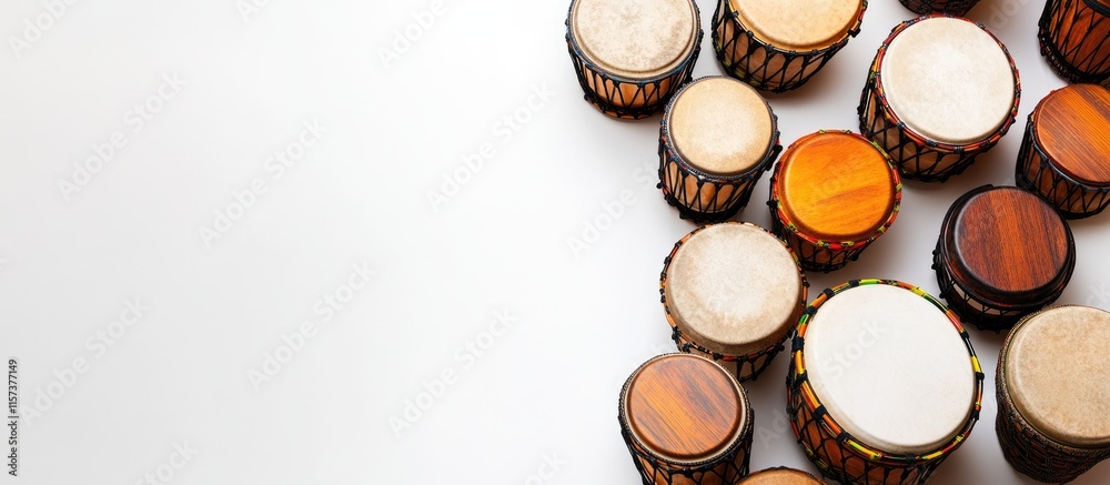Poster handcrafted assortment of 30 colorful drums arranged on a white background with ample negative space
