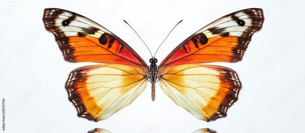Poster symmetrical butterfly reflection on white background with ample space for text and design elements