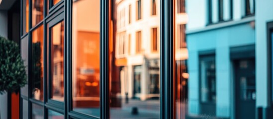 Reflective mirror in law office showcasing vibrant storefronts outside with ample space for text and branding opportunities