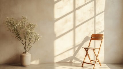 Minimalistic Kitchen Interior Featuring Vintage Folding Chair and Decorative Vase Bathed in Soft Natural Light with Copy Space