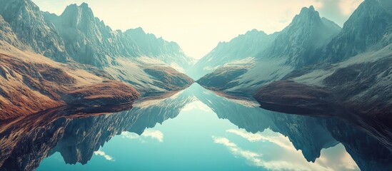 Serene aerial view of mirrored valleys and mountains reflecting in calm water with ample space for text or overlays