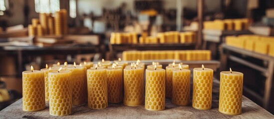 Handcrafted beeswax candles arranged in a workshop setting with ample negative space for customizable text or branding messages