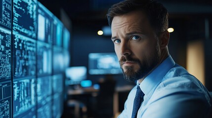 Fototapeta premium Focused businessman in office, looking at screen.