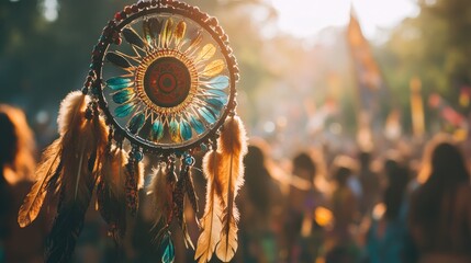 Dreamcatcher at Music Festival with Vibrant Beads and Feathers Capturing the Spirit of Art and Rhythm in a Lively Outdoor Setting